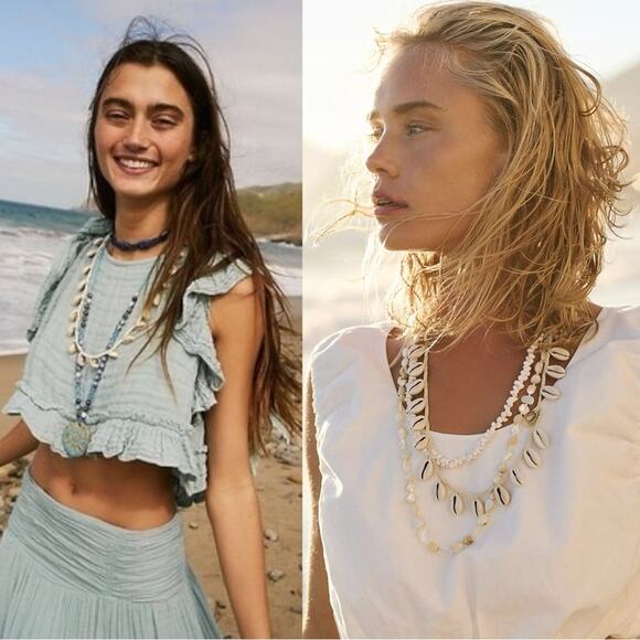 Free People Maui Shell Necklace Bohemian Beach Neutral Natural Resort Vaca NEW - Picture 3 of 9